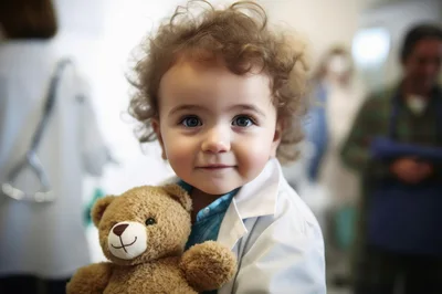 Toddler Dressed As A Doctor Holding A Teddy Bear