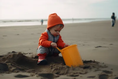 Toddler Playing With A Bucket On A Sandy Beach