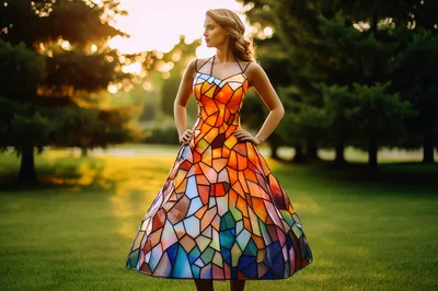 Woman Wearing A Stained Glass Mosaic Dress Outdoors