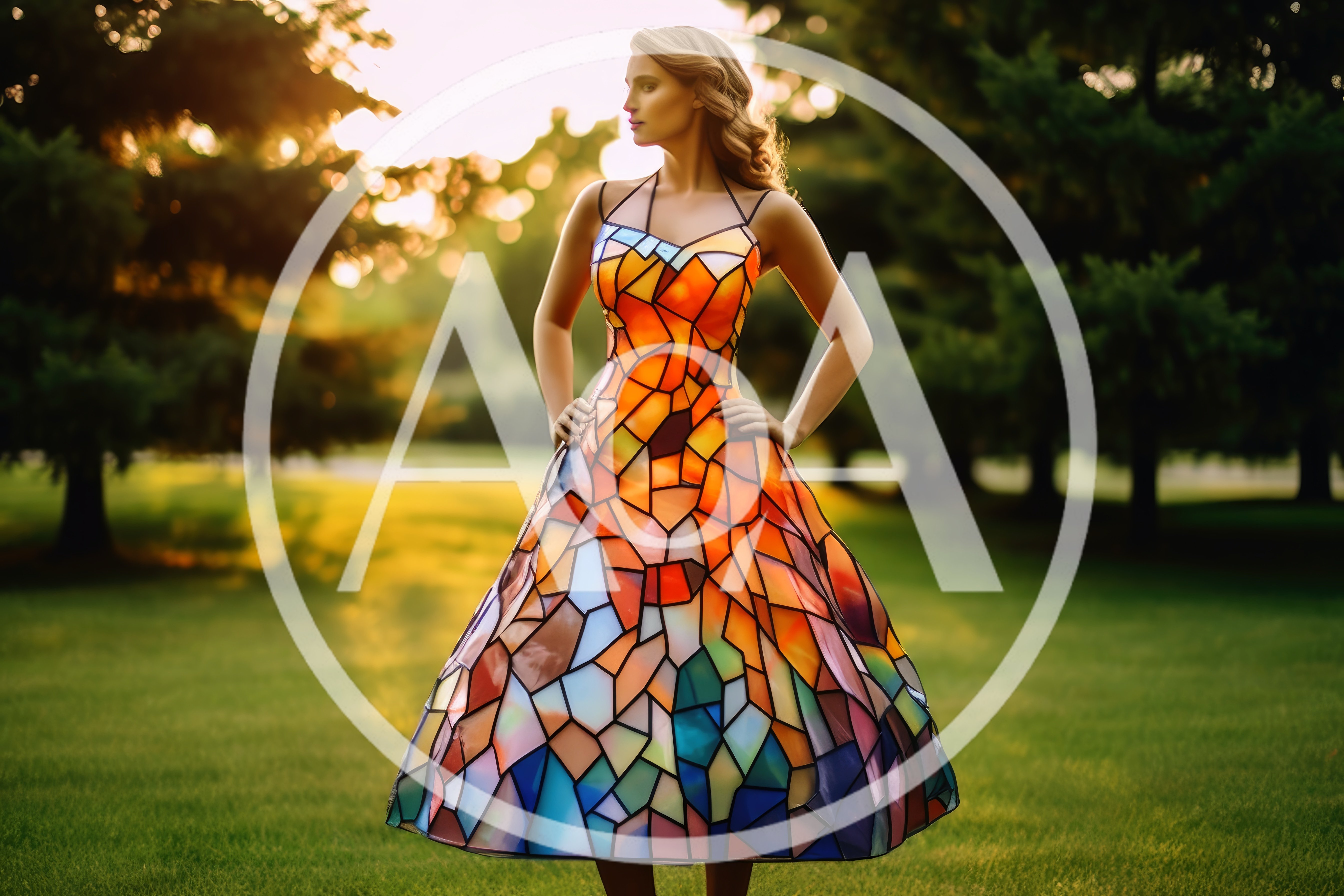 Woman Wearing A Stained Glass Mosaic Dress Outdoors