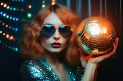 Stylish Woman Holding A Golden Disco Ball