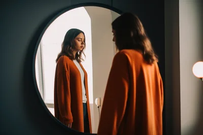 Young Woman Looking At Her Reflection In A Mirror