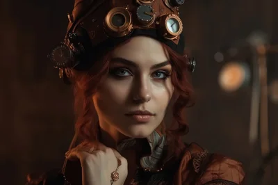 Steampunk Woman With Red Hair And Brass Goggles