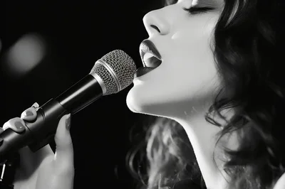 Close Up Of A Female Singer Performing With Microphone