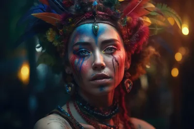 Portrait Of A Tribal Woman With Colorful Face Paint