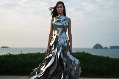 Fashion Model Wearing Futuristic Metallic Sculptural Dress