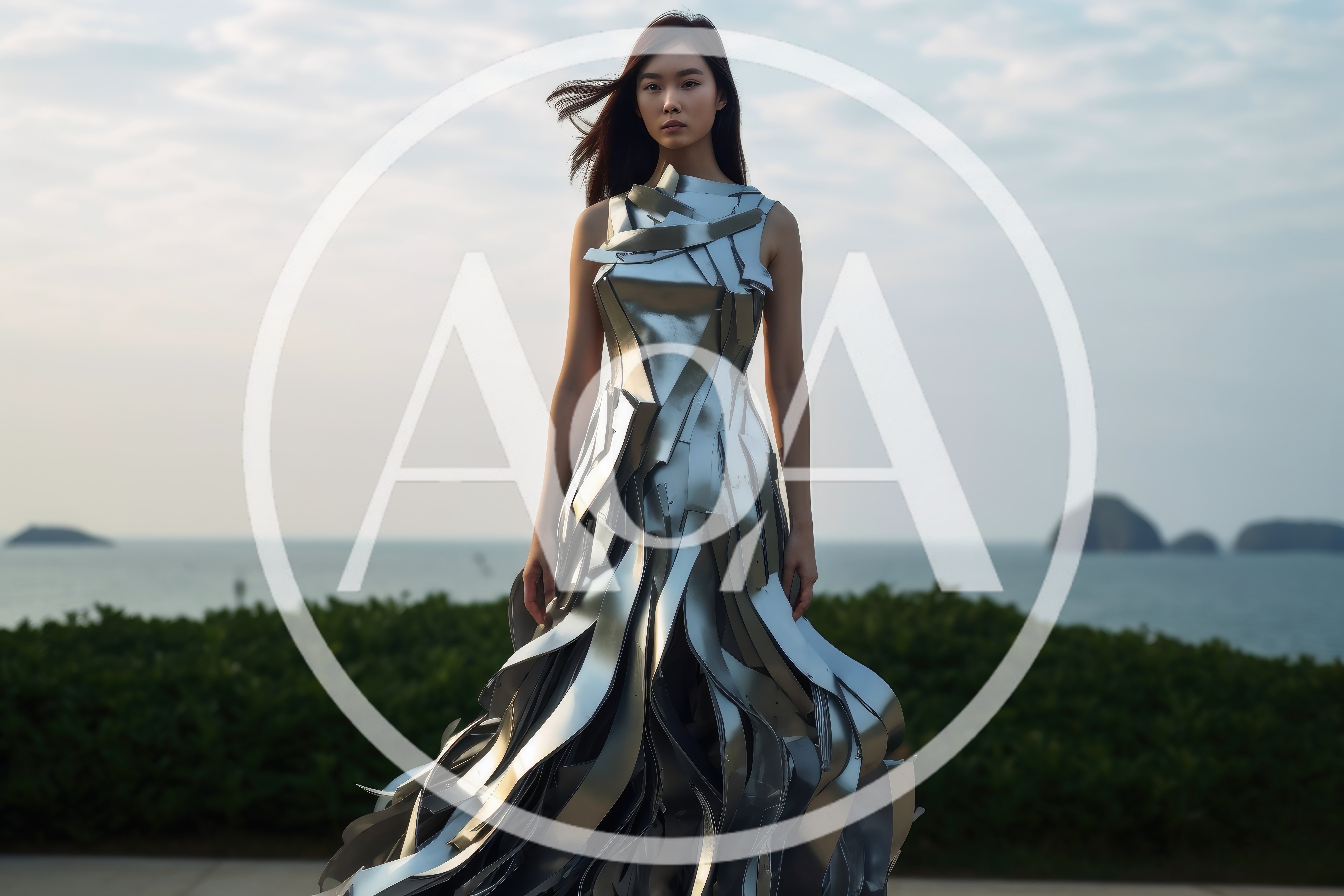 Fashion Model Wearing Futuristic Metallic Sculptural Dress