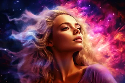 Ethereal Woman With Flowing Hair In Cosmic Nebula