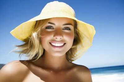 Smiling Blonde Woman Wearing Yellow Sun Hat At Beach