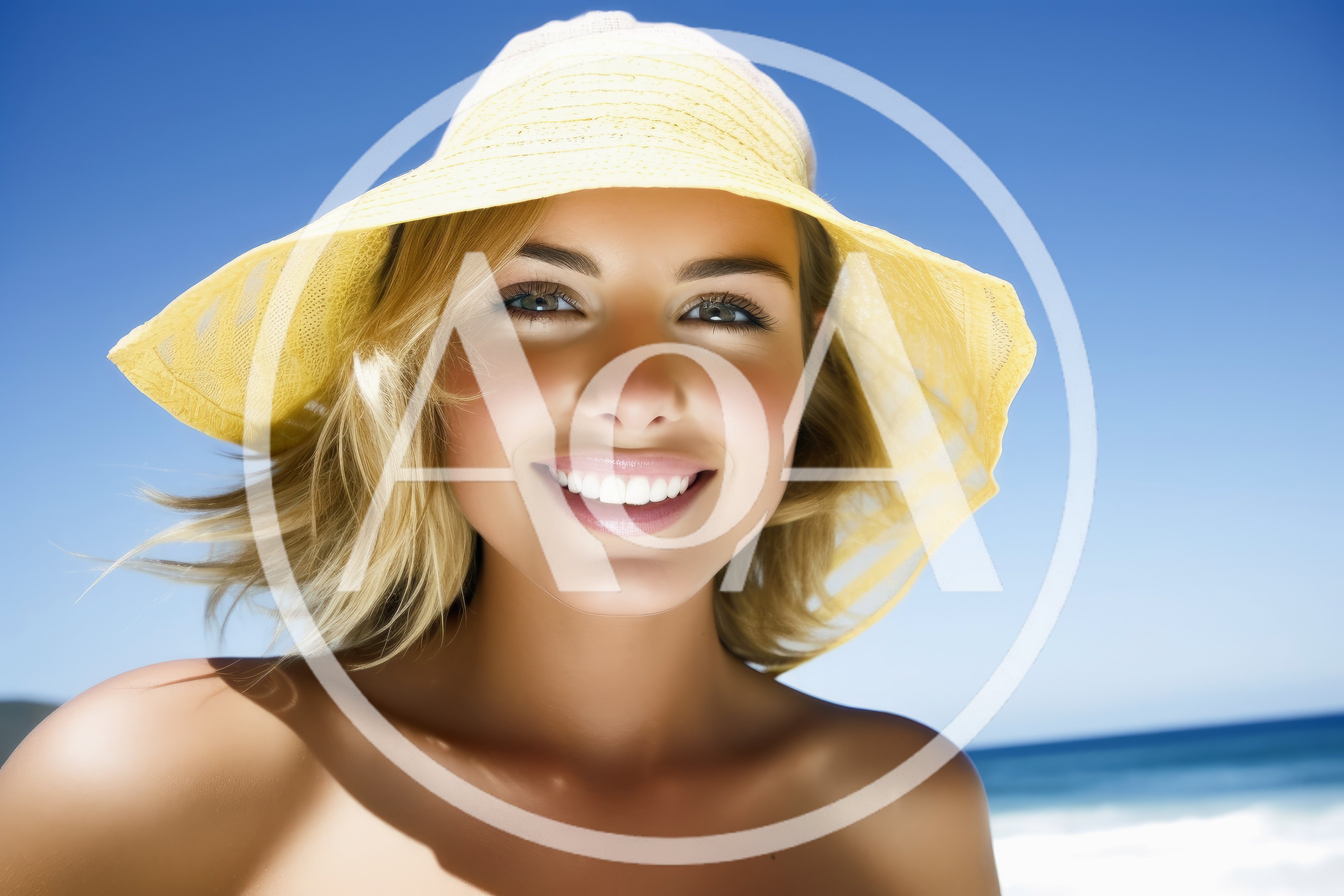 Smiling Blonde Woman Wearing Yellow Sun Hat At Beach