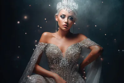 Elegant Woman Wearing A Sparkling Silver Crown And Gown