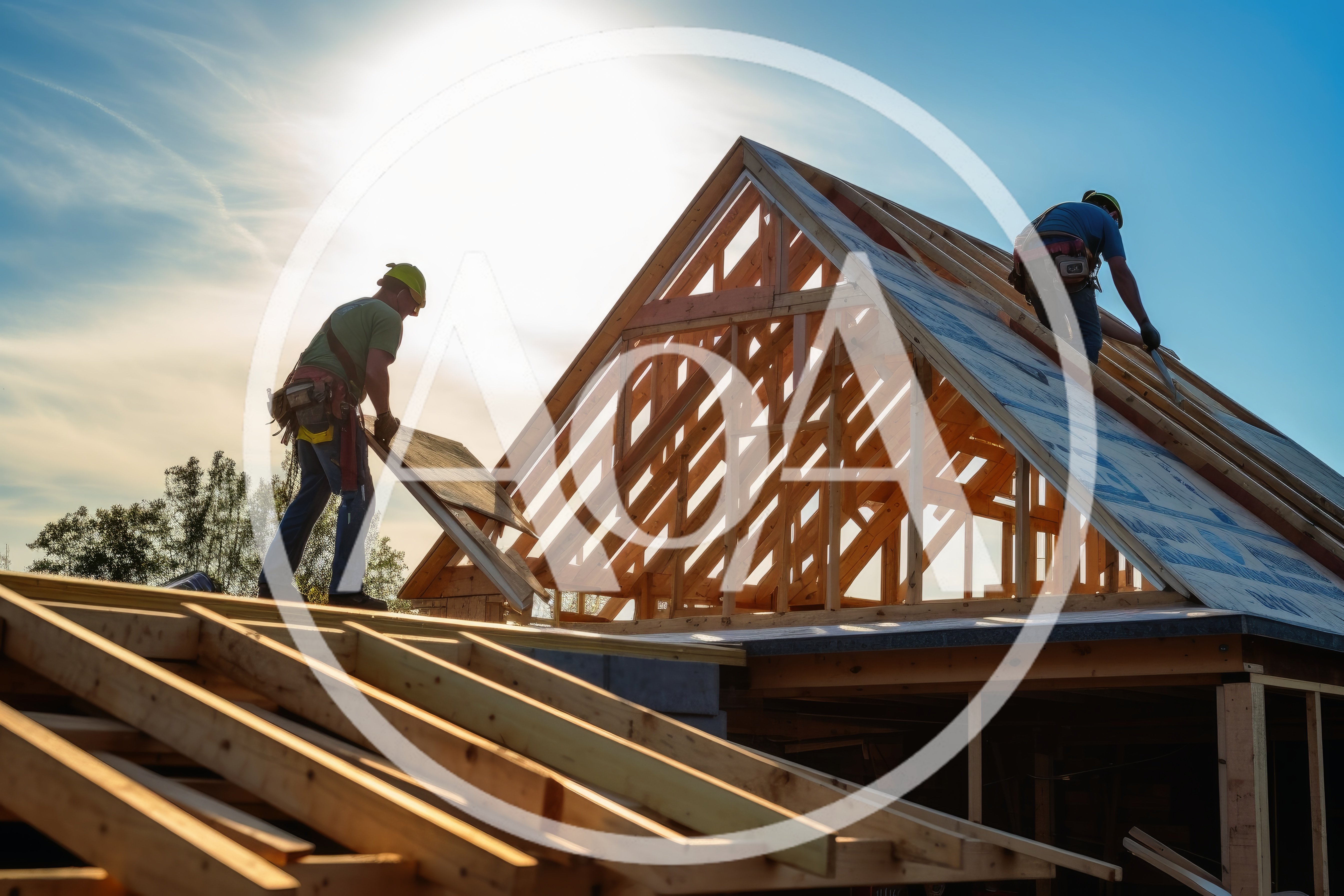 Construction Workers Installing Plywood Roof Sheathing