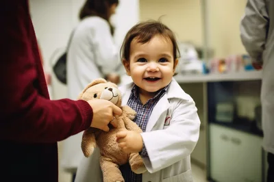 Toddler Playing Doctor With Teddy Bear In Clinic