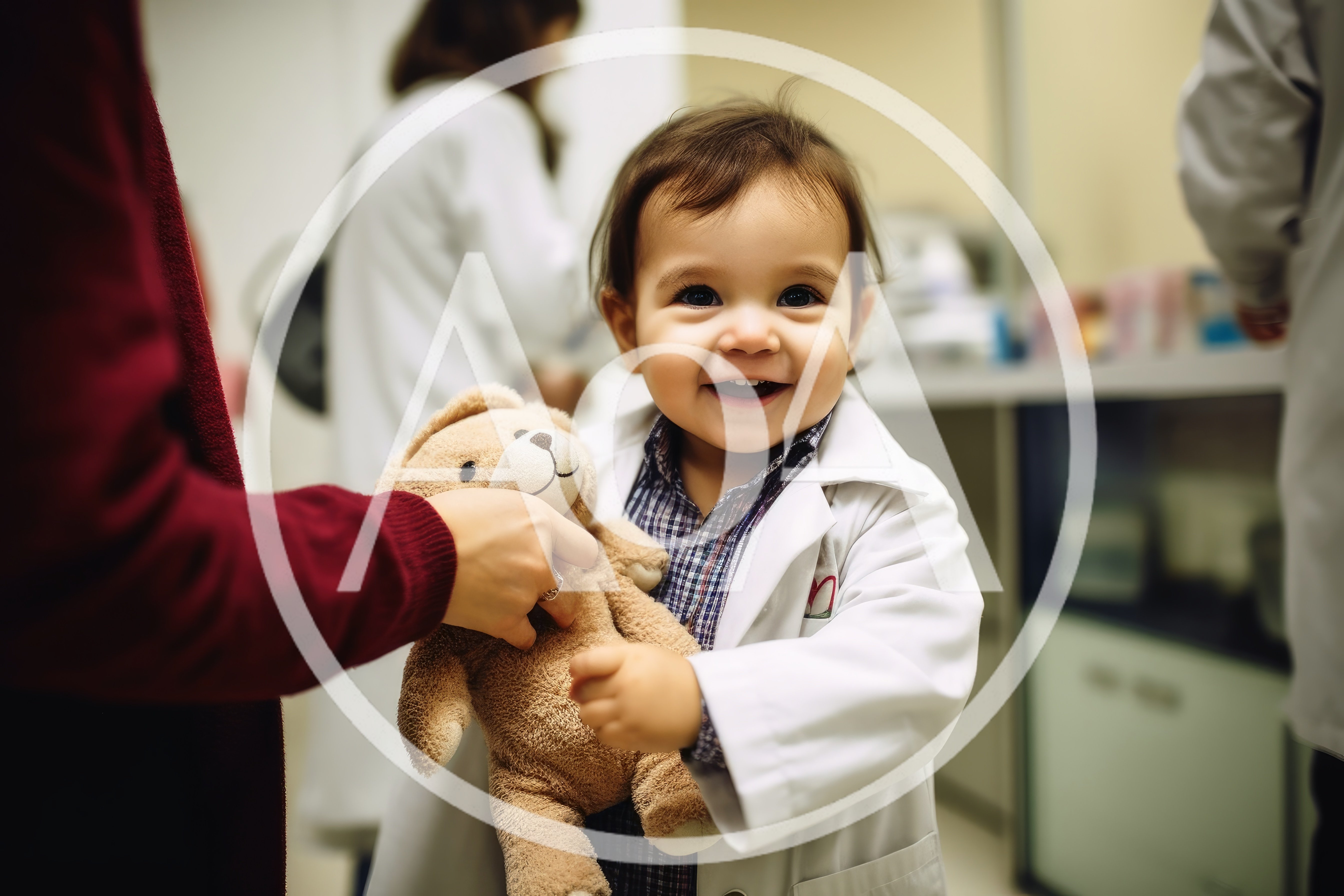 Toddler Playing Doctor With Teddy Bear In Clinic