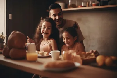 Father And Two Daughters Having Breakfast Together