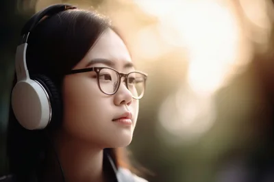 Young Asian Woman Wearing Headphones Outdoors