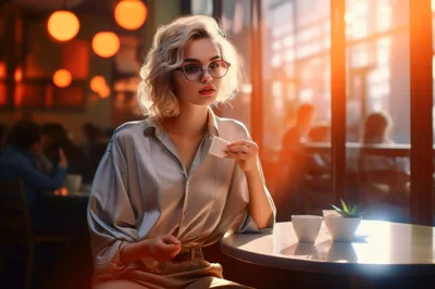 Stylish Young Woman Sitting At A Cafe Table