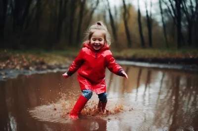 Happy Little Girl Jumping In A Muddy Puddle