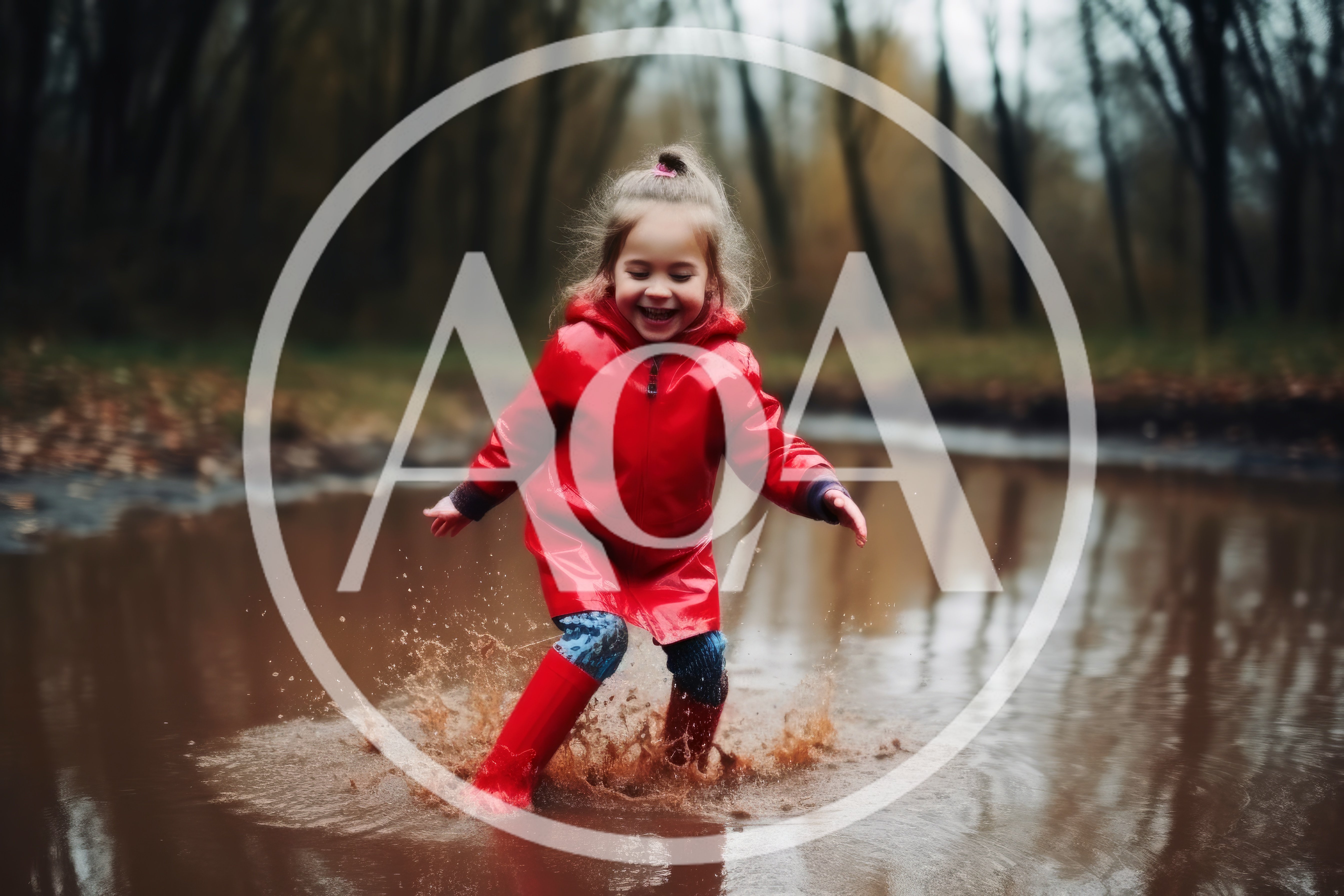 Happy Little Girl Jumping In A Muddy Puddle