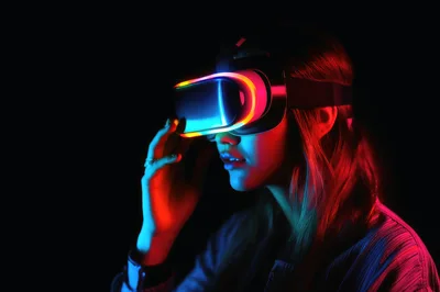 Young Woman Experiencing Immersive Virtual Reality Headset