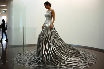 Woman Wearing A Metallic Sculptural Avant-Garde Dress