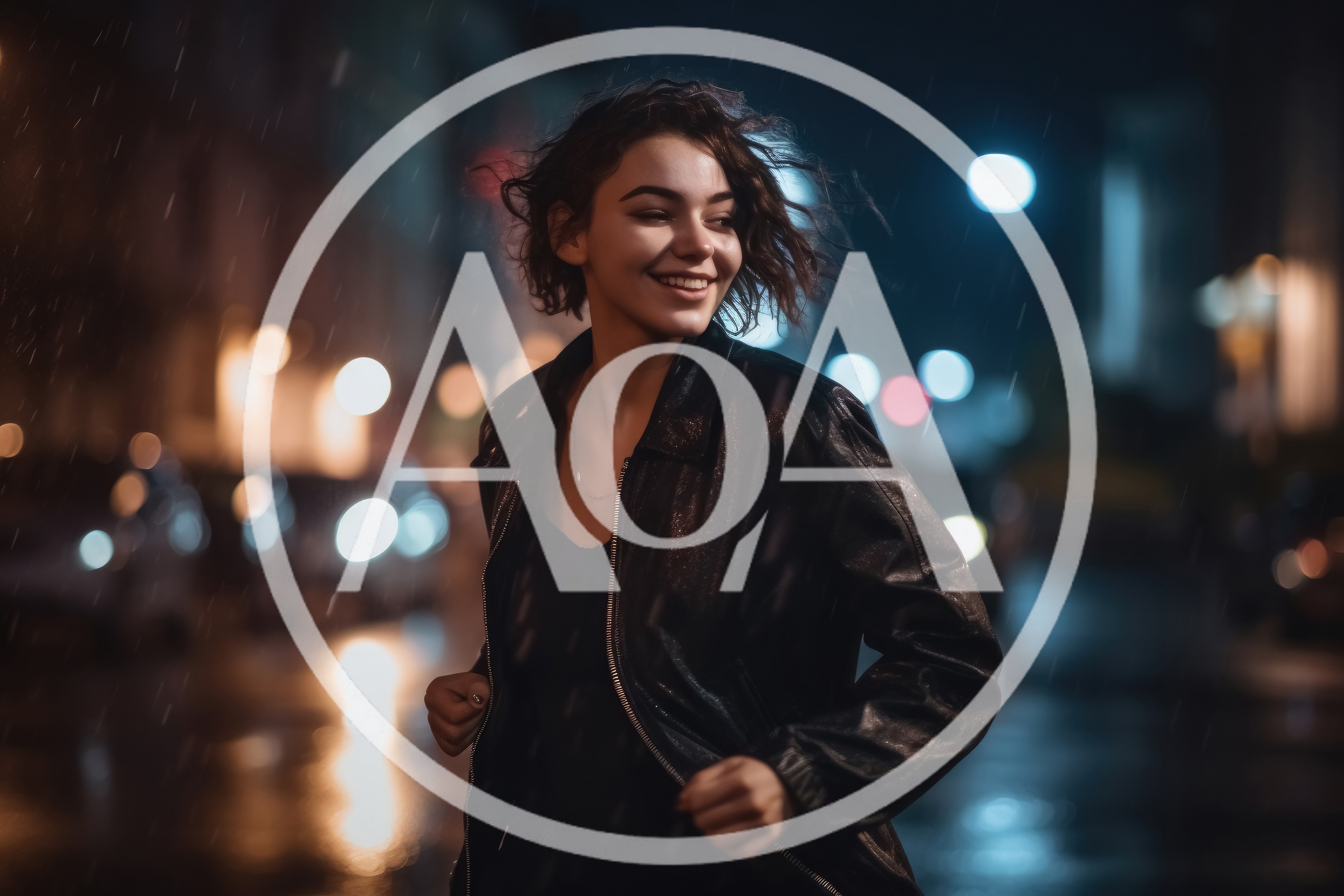 Young Woman Smiling While Walking Through Rainy City Night