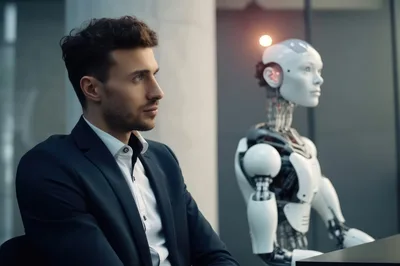 Professional Businessman Sitting Beside A Futuristic Humanoid Robot