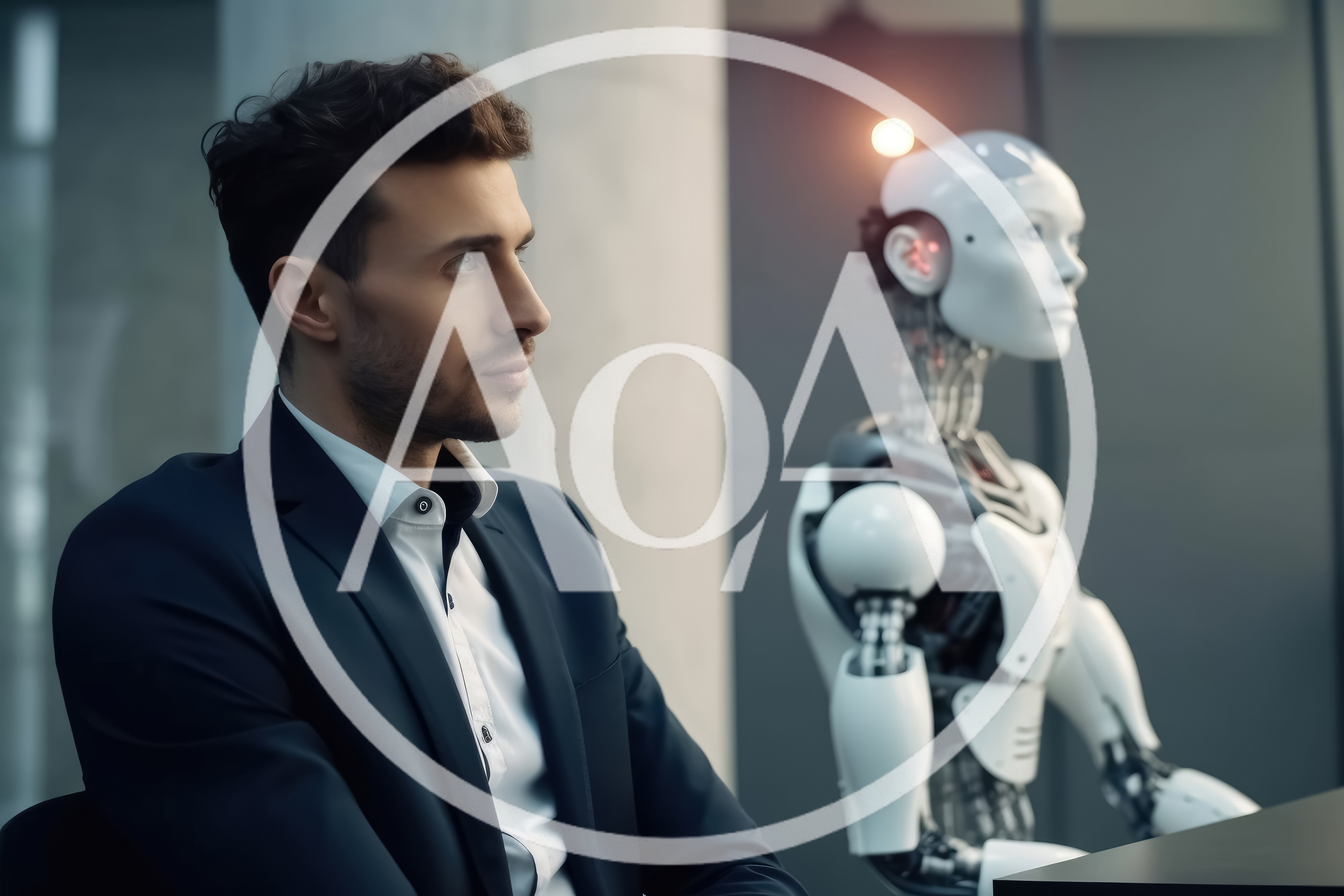 Professional Businessman Sitting Beside A Futuristic Humanoid Robot