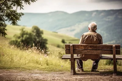 Elderly Man Sitting Alone on a Bench Overlooking Mountains