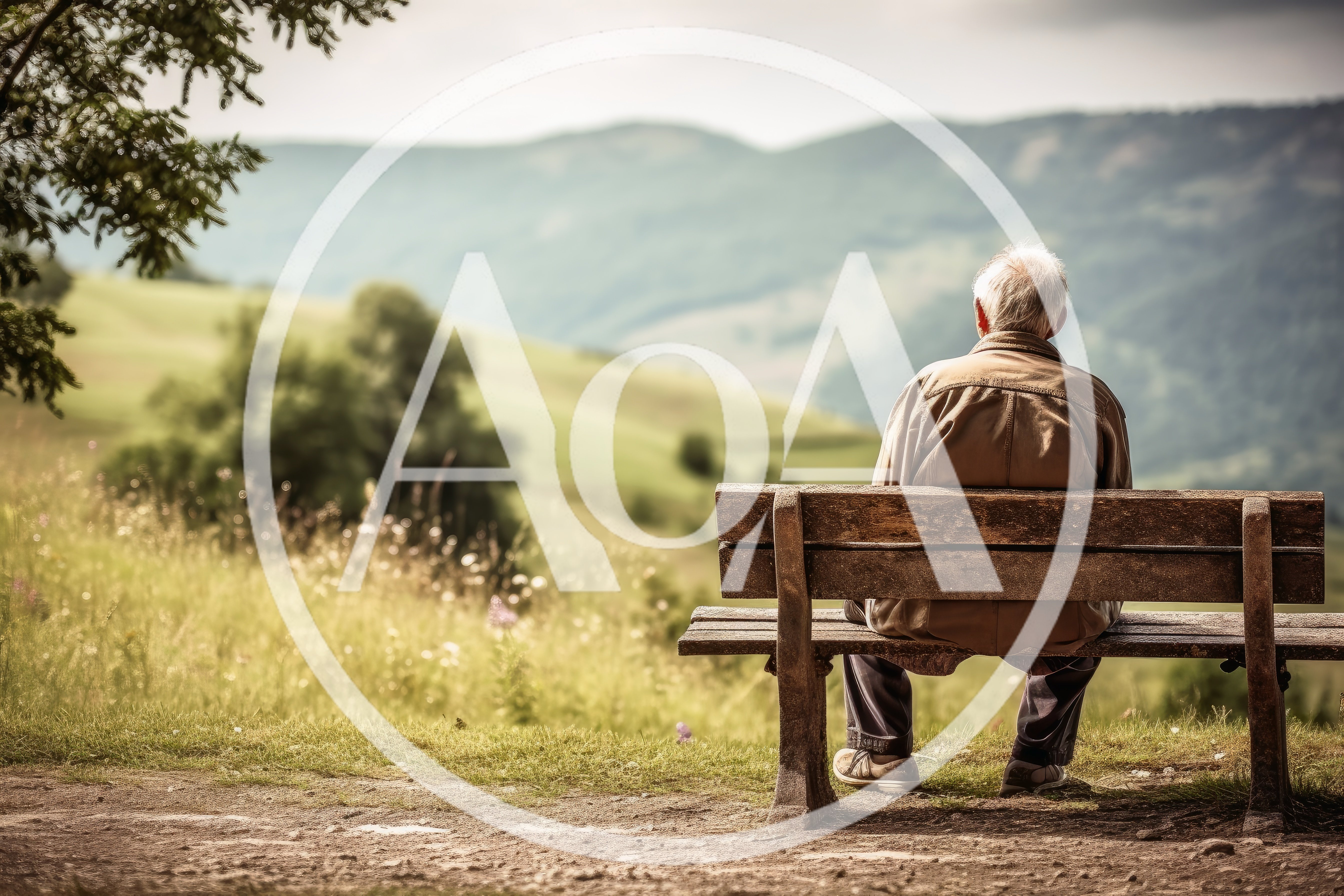Elderly Man Sitting Alone on a Bench Overlooking Mountains