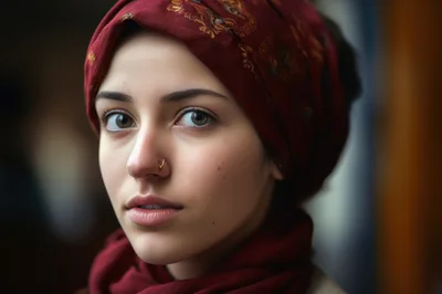 Portrait Of A Young Woman Wearing A Red Headscarf