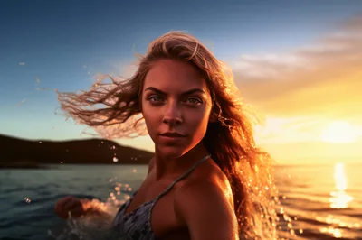 Young Woman Swimming In Ocean At Sunset