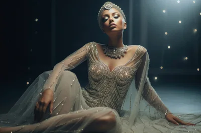 Elegant Woman In Sparkling Silver Gown And Headpiece