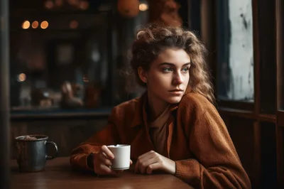 Young Woman Sitting Alone In A Dimly Lit Cafe