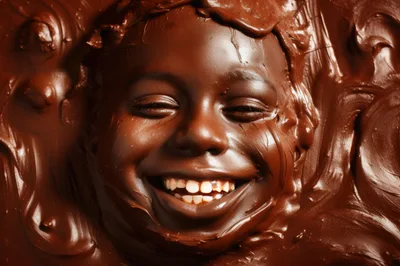 Happy Child Covered In Rich Melted Chocolate