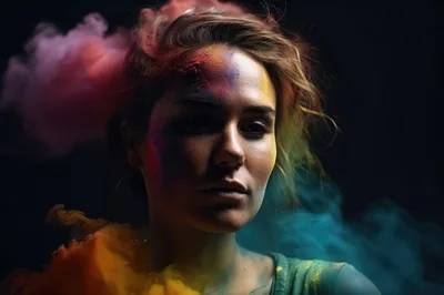 Portrait Of A Woman With Colorful Holi Powder Smoke