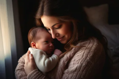 Mother Gently Holding Her Newborn Baby