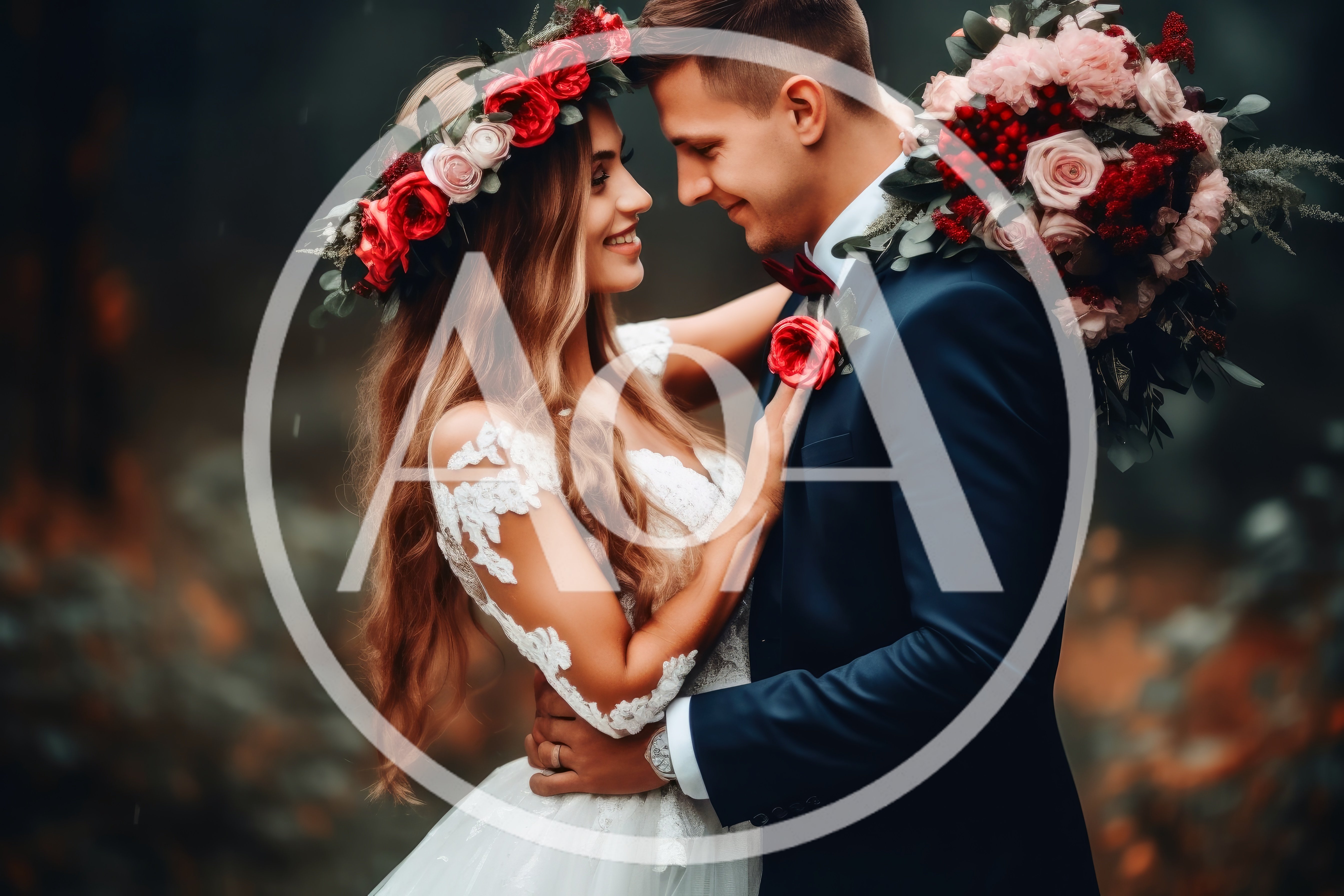 Romantic Newlywed Couple Embracing in a Forest Setting