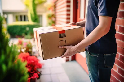 Delivery Person Holding A Cardboard Package At A Doorstep