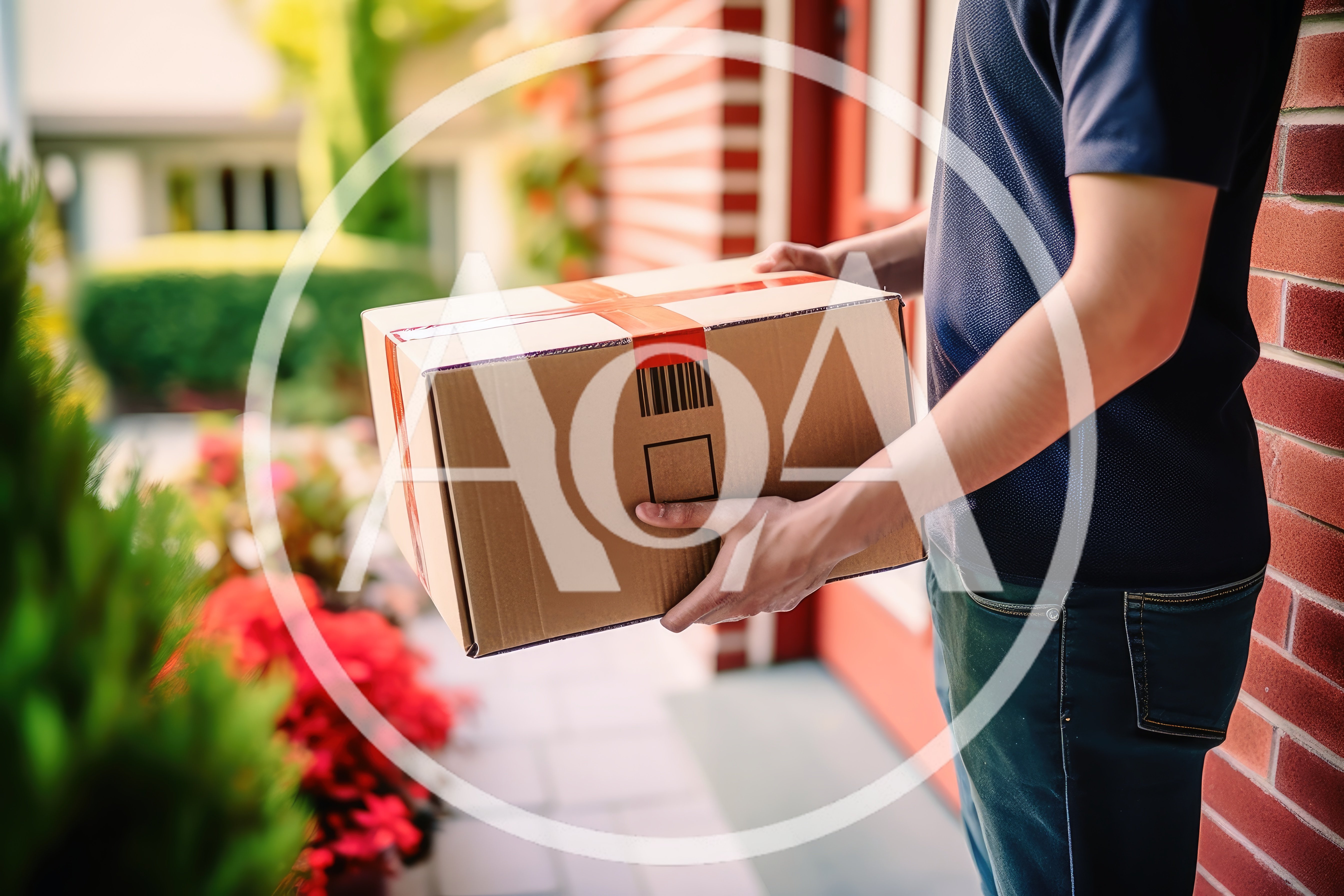 Delivery Person Holding A Cardboard Package At A Doorstep