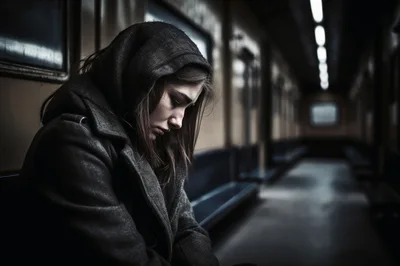 Sad Young Woman Sitting Alone In Subway Train