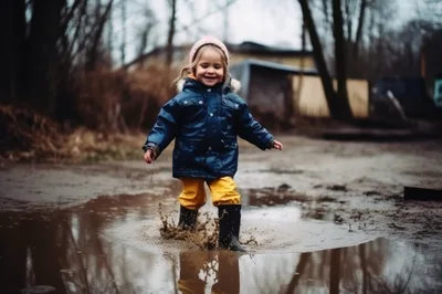 Toddler Girl Jumping In Muddy Puddle