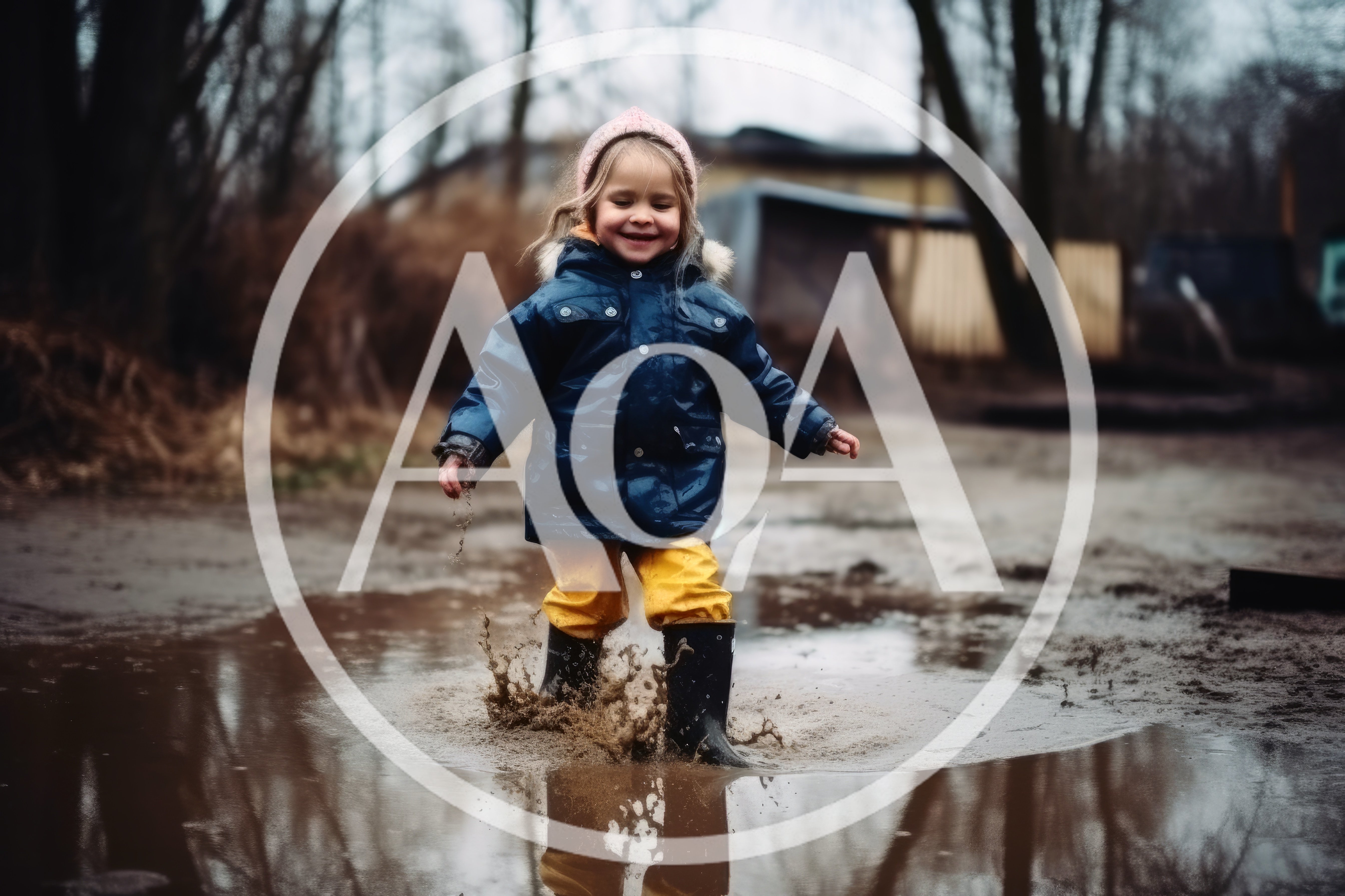 Toddler Girl Jumping In Muddy Puddle