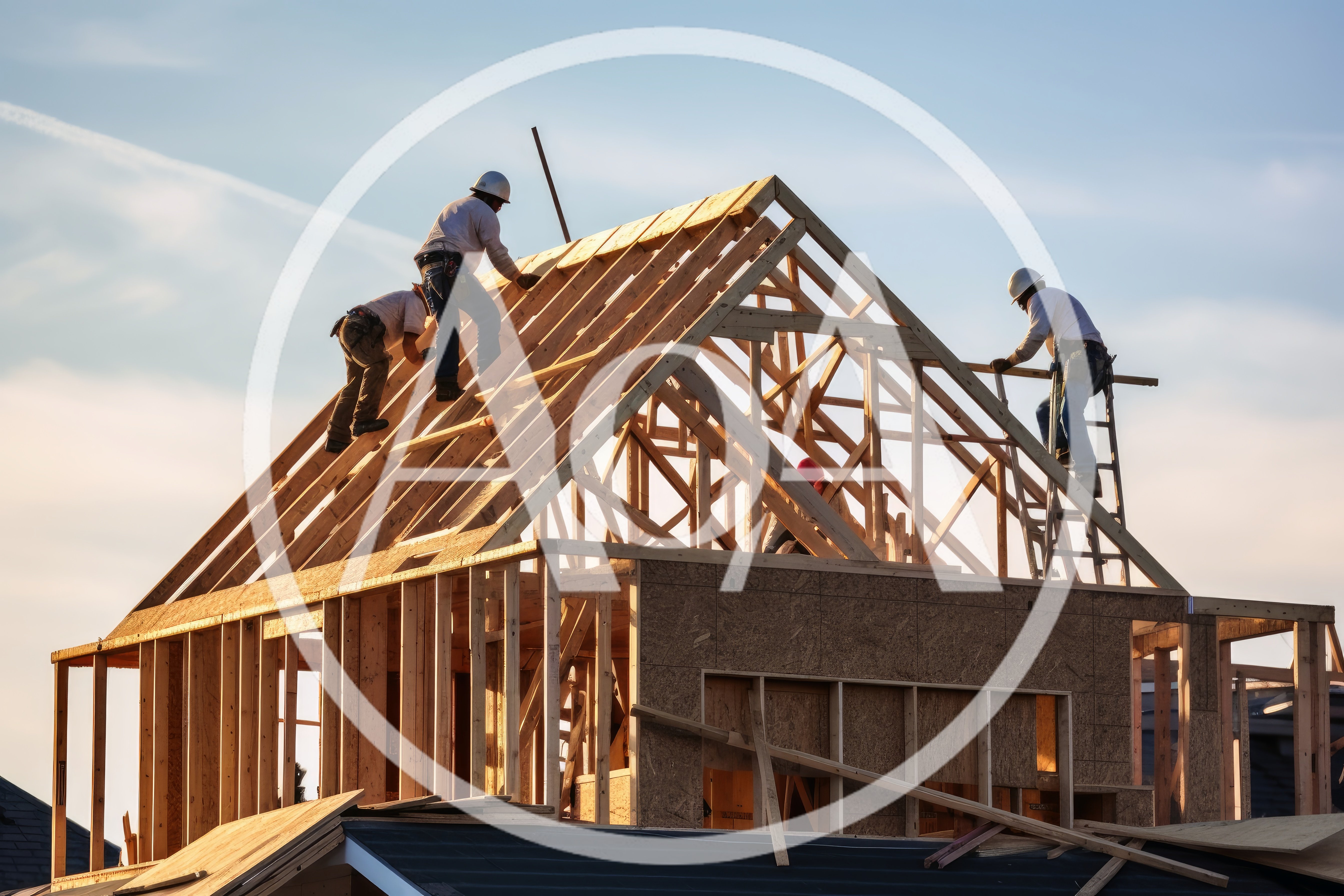 Construction Workers Framing Residential Roof Structure