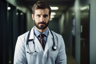 Portrait Of A Professional Male Doctor In Hospital Corridor