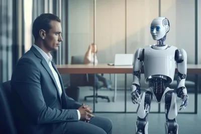 Businessman Sitting Opposite A Humanoid Robot In Office