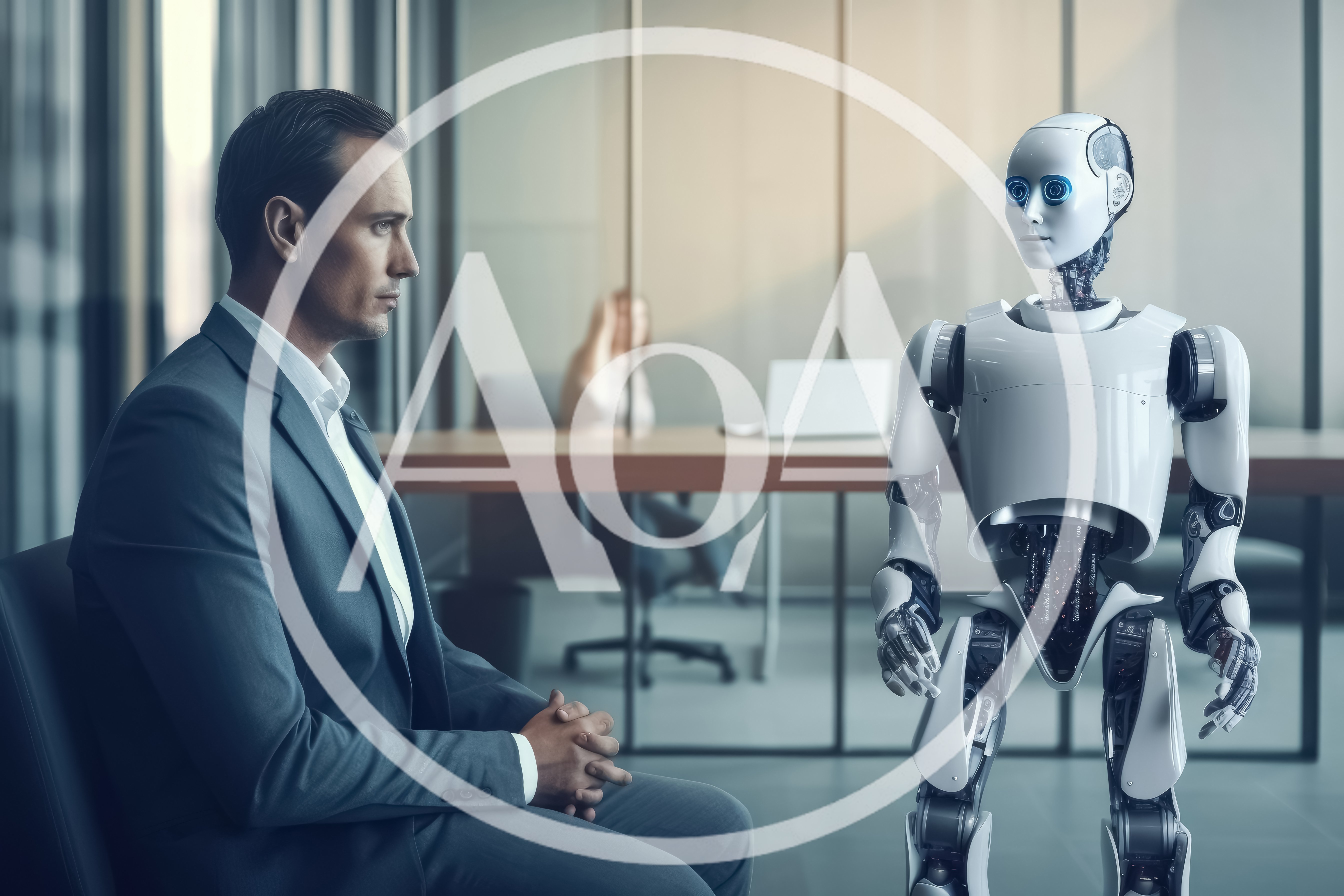 Businessman Sitting Opposite A Humanoid Robot In Office