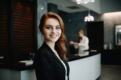 Professional Receptionist Smiling At A Modern Hotel Front Desk