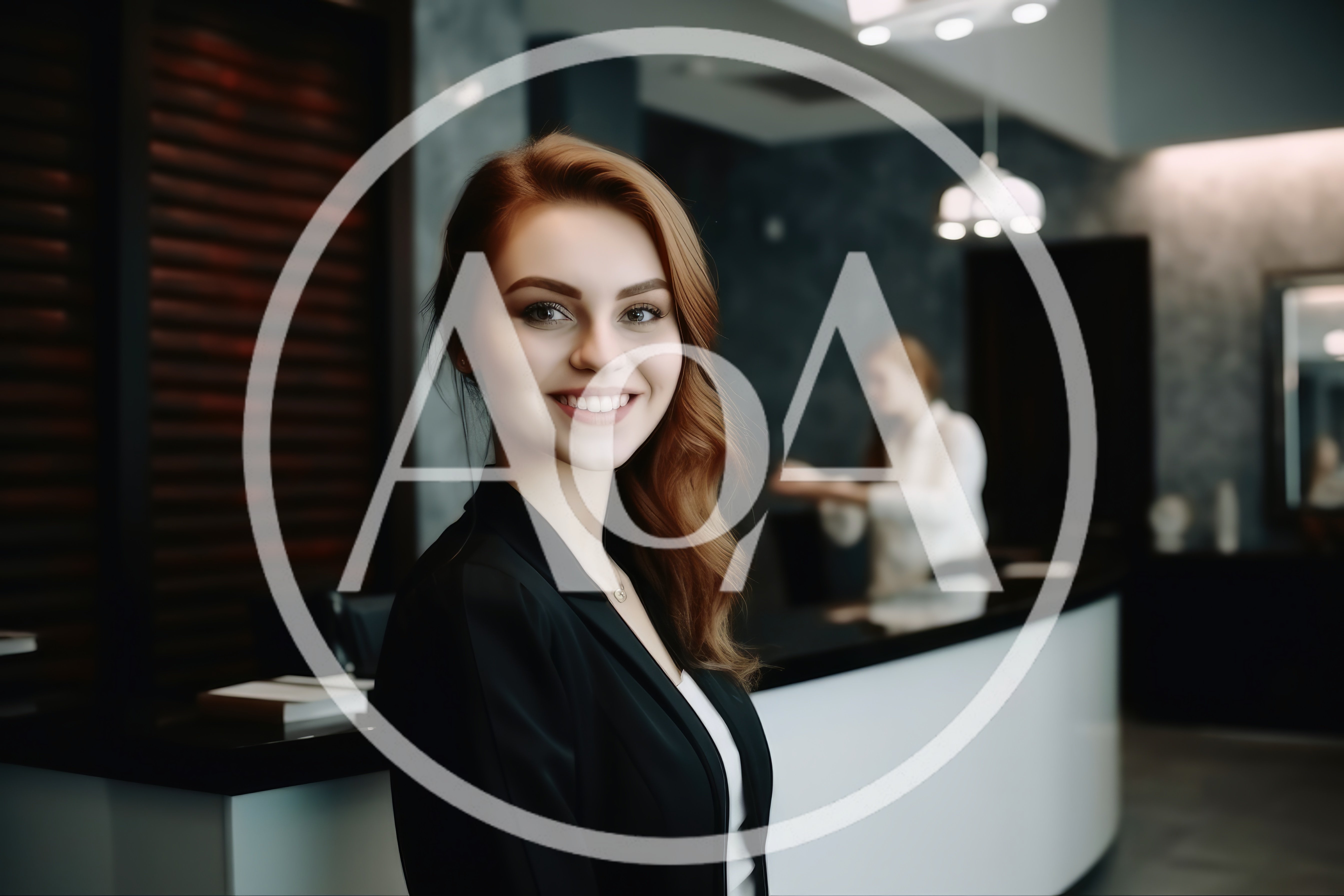 Professional Receptionist Smiling At A Modern Hotel Front Desk