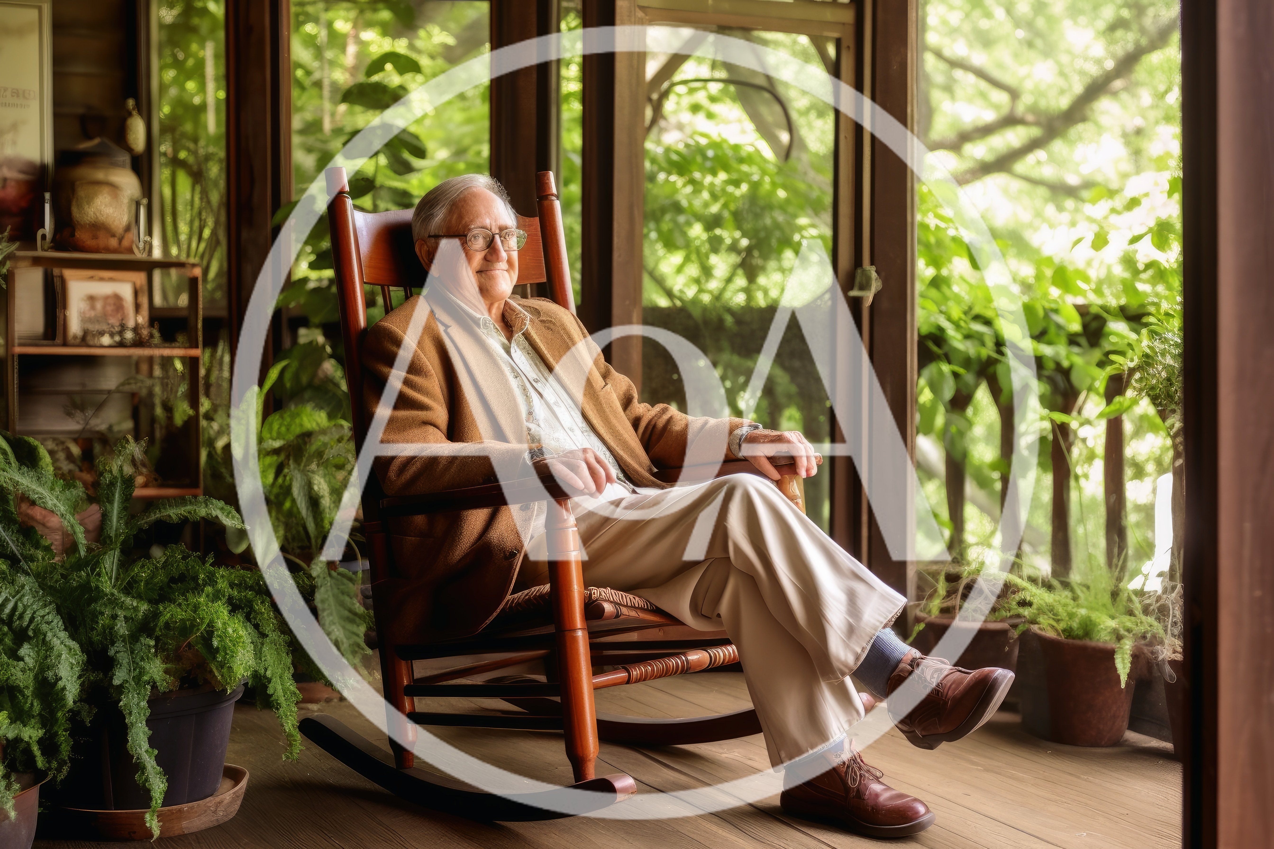 Elderly Man Relaxing In A Wooden Rocking Chair